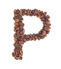 Capital letter P made from coffee beans. Coffee font. Alphabet made from coffee beans. White background. Roasted coffee beans.