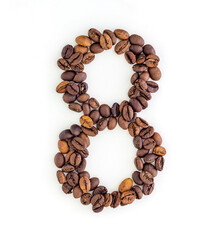 Number 8 made from coffee beans. Coffee font. Alphabet made from coffee beans. White background. Roasted coffee beans.