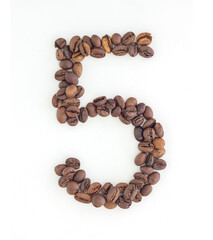 Number 5 made from coffee beans. Coffee font. Alphabet made from coffee beans. White background. Roasted coffee beans.