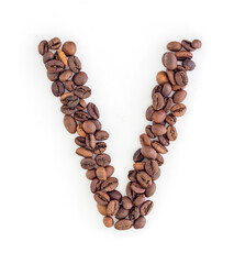 Capital letter V made from coffee beans. Coffee font. Alphabet made from coffee beans. White background. Roasted coffee beans.