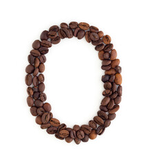 Capital letter O made from coffee beans. Coffee font. Alphabet made from coffee beans. White...