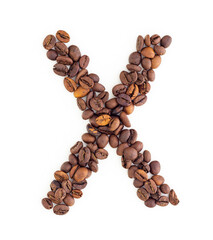 Capital letter X made from coffee beans. Coffee font. Alphabet made from coffee beans. White background. Roasted coffee beans.