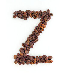 Capital letter Z made from coffee beans. Coffee font. Alphabet made from coffee beans. White background. Roasted coffee beans.