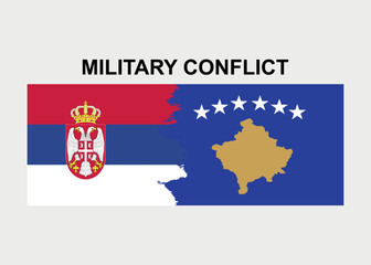 Two flags, Kosovo and Serbia. Military conflict.