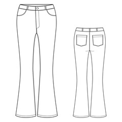 Flared jeans vector illustration isolated on white background, front and back view. Technical drawing for fashion design