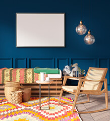 mock up poster frame in modern interior background, living room, Mixed style, 3D render, 3D illustration