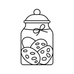 Biscuit cookies with chocolate chips in glass jar line art vector icon illustration.