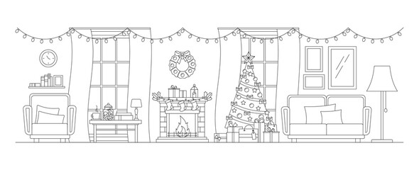 Cozy christmas living room line art interior. Vector editable stroke illustration.