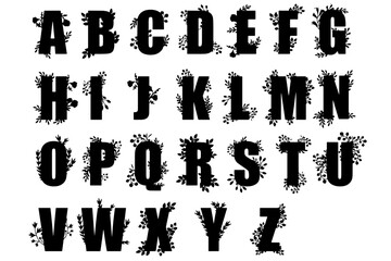 Naklejka premium Vector alphabet. Lettering and custom typography for design: logo, poster, invitation, etc. Handwritten brush style, modern typeface with various leaves, flowers and fruits, isolated on white 
