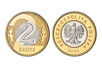 Two zloty coin Poland money currency isolated on white.