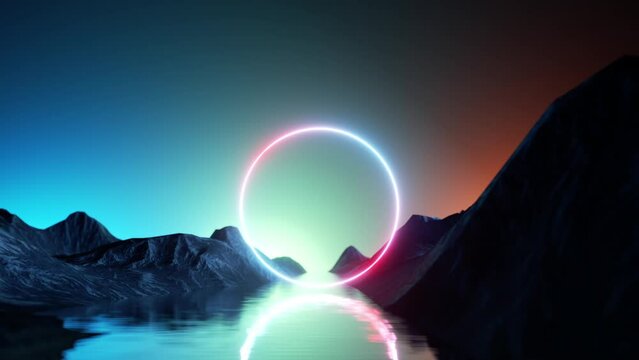 cycled 3d animation. Virtual boat trip, moving along the river towards the glowing neon ring. Abstract background with rocky mountains reflecting in the water. Fantastic surreal scenery