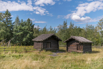 Fototapeta na wymiar Old log sheds houses in a meadow, a sunny summer day in Stockholm