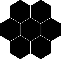 Black hexagon, honeycomb, design element, pattern with no strokes. Isolated png illustration, transparent background. Use for photo collection, collage, template, frame, overlay, montage.
