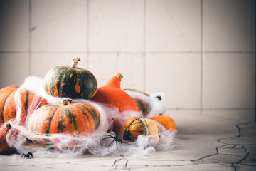 Thanksgiving or Halloween autumn decorations with mini green and orange pumpkins against gray...