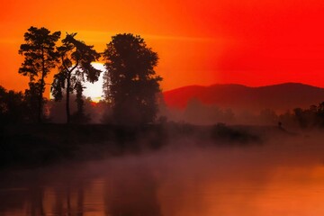 Fototapeta Wschód słońca nad wartą - ogromna tarcza słońca za drzewami i czerwone niebo obraz