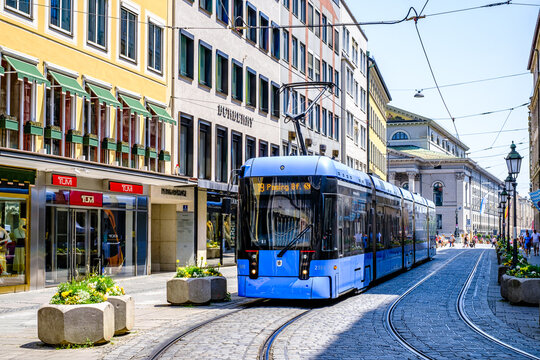 Munich, Germany - July 8: typical tram from the MVG at the old town of munich on July 8, 2022