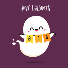 Halloween spooky cartoon vector. Flying ghost spirit holding bunting flag Boo. Happy Halloween. Scary white ghosts. Cute cartoon spooky character.