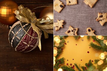 A collage of Christmas cookies, fir branches and a piece of Christmas tree decoration in the form of a ball. Christmas background with copy space. High quality photo