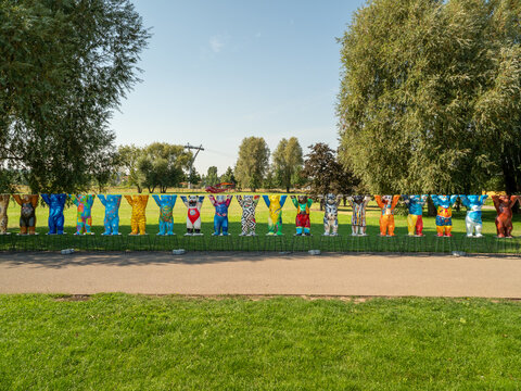 Berlin, Germany, July 31, 2022, Garten der Welt. United Buddy Bears. Each Buddy bear has been individually designed by the artist for his home country. Garden der Welt