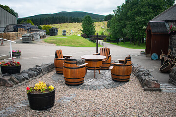 Whisky Barrels covered to picnic bench at a Traditional Cooperage in North Yorkshire England