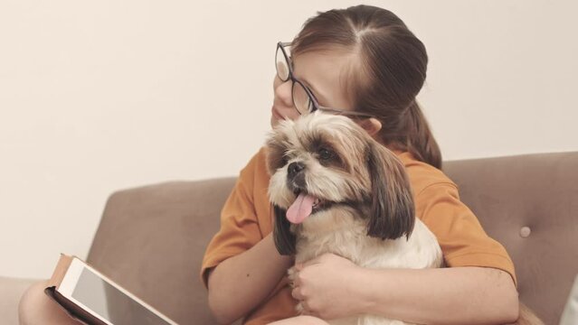 Slowmo of pretty 12 year old Caucasian girl with down syndrome embracing and petting cute shih tzu dog, sitting on sofa at home next to digital tablet