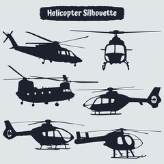 Collection of Helicopter silhouettes in different positions - obrazy, fototapety, plakaty
