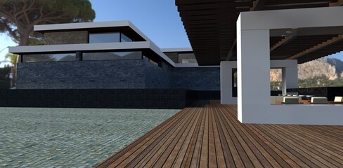 Luxurious patio of a modern country house. 3d render. Swimming pool, terrace board and bar counter.
