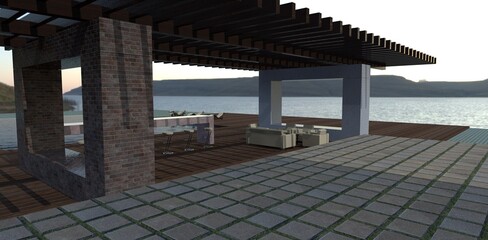 Modern patio on the shore of a mountain bay. Wooden flooring. Bar counter. Platform concrete tiles. 3d render.