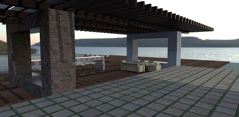 Modern patio on the shore of a mountain bay. Wooden flooring. Bar counter. Platform concrete tiles. 3d render.