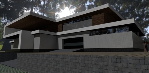 Modern spacious house in the forest. Entrance to the garage. The bright sun shines through the trees. 3d render.