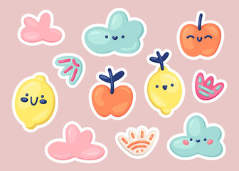 Fototapeta premium Сute and delicate vector set of children's icons and stickers. Kawaii smiling clouds, lemons and apples with flowers. Cool and charming volumetric 3D patches and pins for decor, textiles, printing