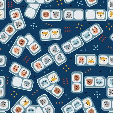 Dominoes with Cute Forest Animal Faces for kids. Vector Seamless Pattern for kids. Colorful Baby Background with Domino Stones with Fox, Hare, Wolf, Owl, Bear and Raccoon Drawings.
