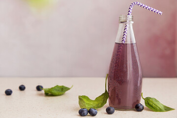 Soft organic cocktail bottle with blueberries, seeds, basil extract, leaves. Refreshing healthy...
