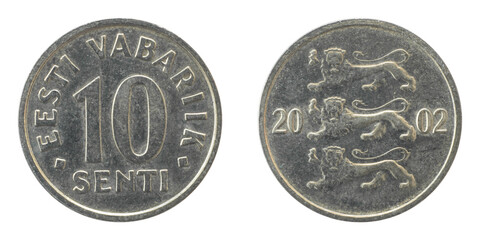 Old inactive Estonian coin of 2002 with a denomination of 10 ten cents close-up isolated on a white...