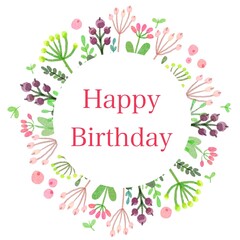 Round poster, sticker with summer plants and the inscription "Happy Birthday".