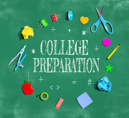 College Preparation theme with school supplies on a chalkboard - flat lay