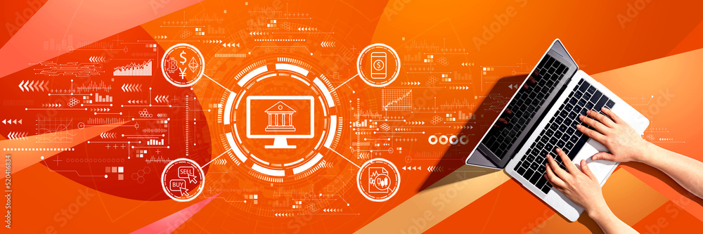 Poster cryptocurrency fintech theme with person using a laptop computer