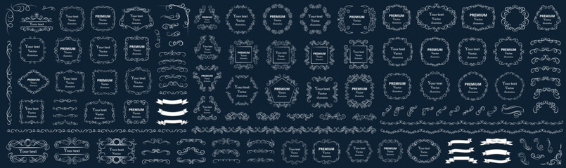 Calligraphic design elements . Decorative swirls or scrolls, vintage frames , flourishes, labels and dividers. Retro vector illustration