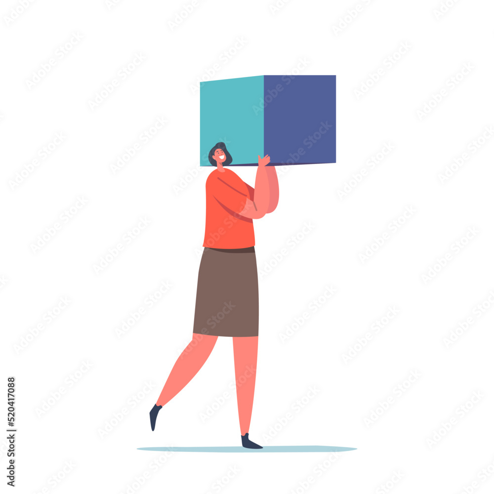 Poster big data storage, blockchain technologies concept. tiny female character holding huge cube or buildi