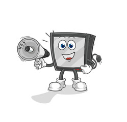 tv holding hand loudspeakers vector. cartoon character