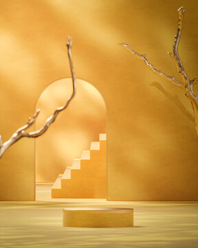 Yellow and gold podium stage stand with golden abstract tree background for product placement 3d render  