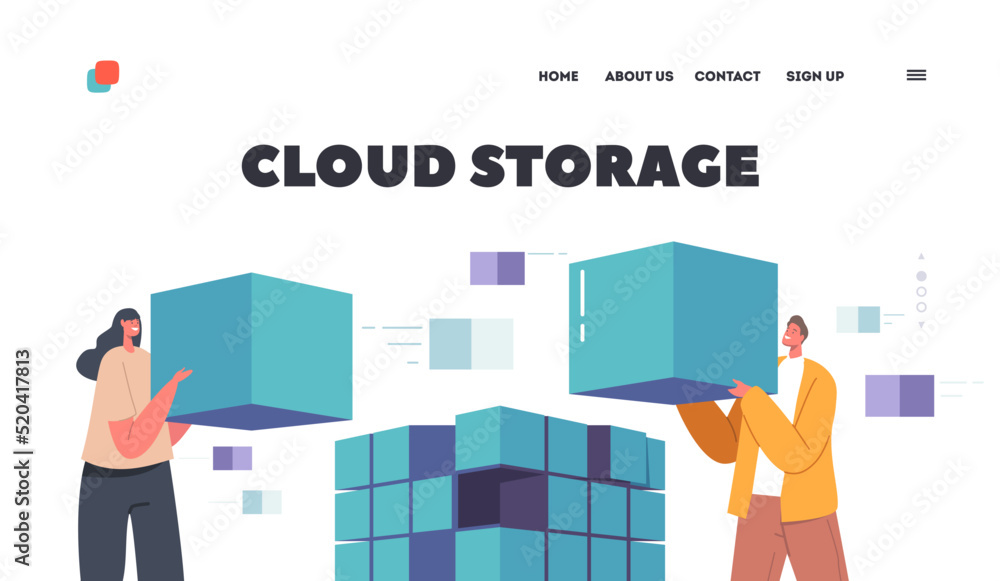 Poster cloud storage landing page template. database engineering, protection, disk infrastructure, informat