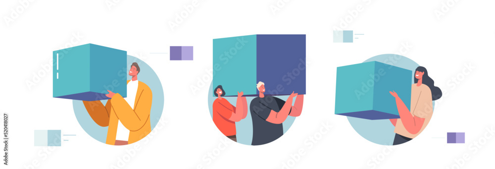 Poster characters holding cubes or building blocks isolated icons or avatars. big data storage, blockchain 
