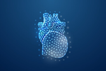 Heart 3d symbol in blue low poly style. Cardiology, human transplantation design concept illustration. Internal organ polygonal wireframe.