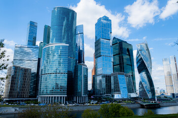 Fototapeta na wymiar Moscow-City and Moscow-river area, Russia. modern architecture. Moscow City and skyscraper Moscow International Business Center in daytime against the blue sky with place for text