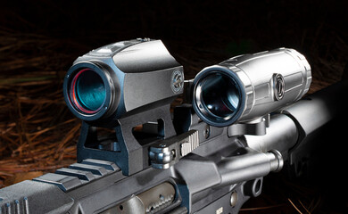 Magnifier swung out of the way on a modern sporting rifle