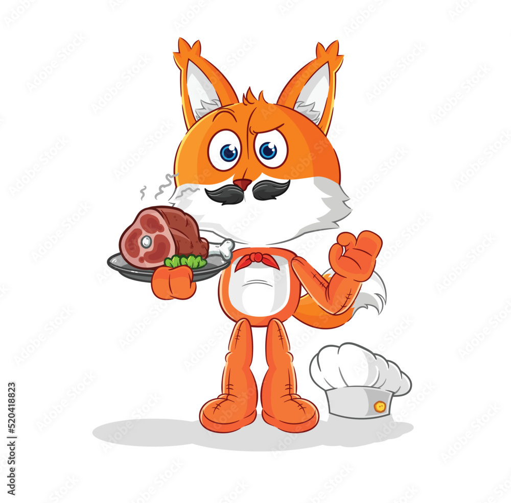 Poster fox chef with meat mascot. cartoon vector