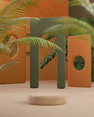 Olive green and orange podium stage stand tropical forest trees background for product placement 3d render  