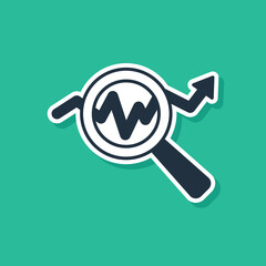 Blue Magnifying glass and data analysis icon isolated on green background. Search sign. Vector