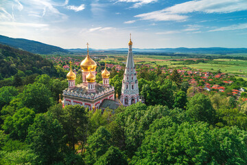 Fototapeta na wymiar Shipka Memorial Russian Church, town of Shipka, Bulgaria, aerial drone view
